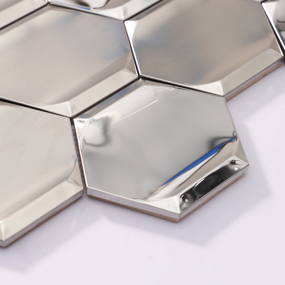 3D Hexagon Stainless Steel Mosaic Silver Brushed and Mirror Beveled Tile