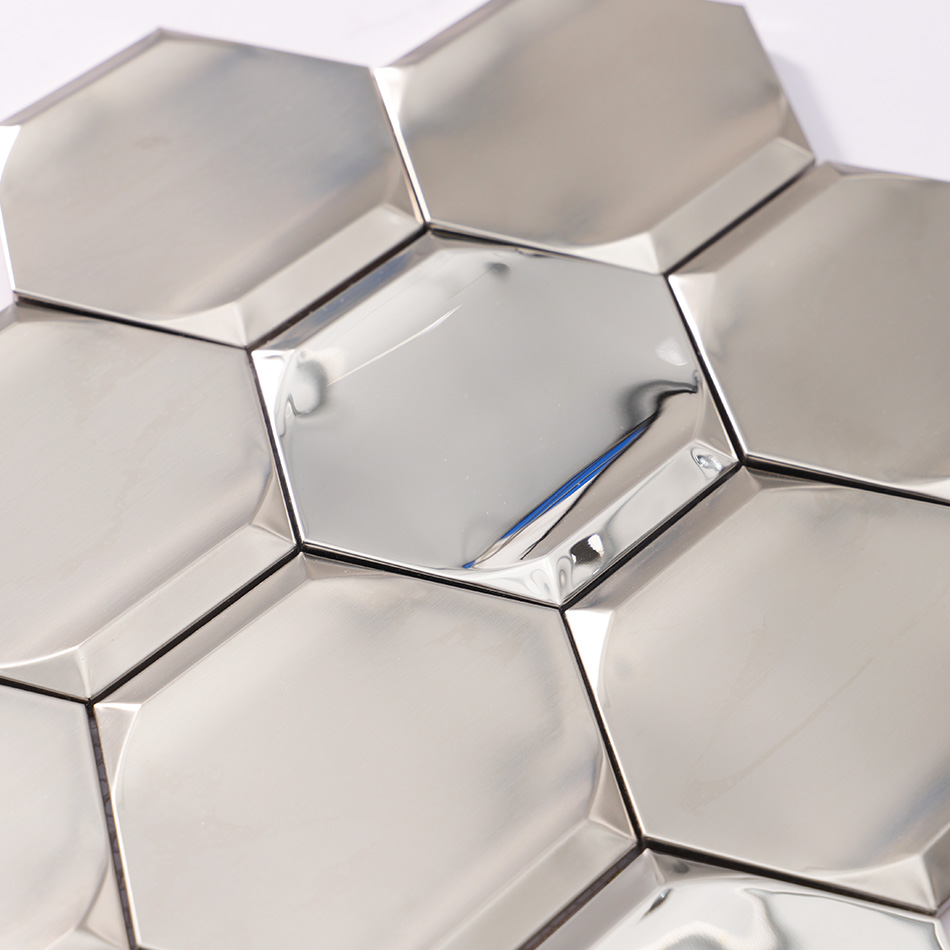 3D Hexagon Stainless Steel Mosaic Silver Brushed and Mirror Beveled Tile