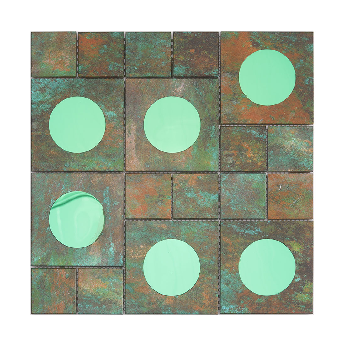 Aged green aluminum mosaic tile with round reflective glass inserts