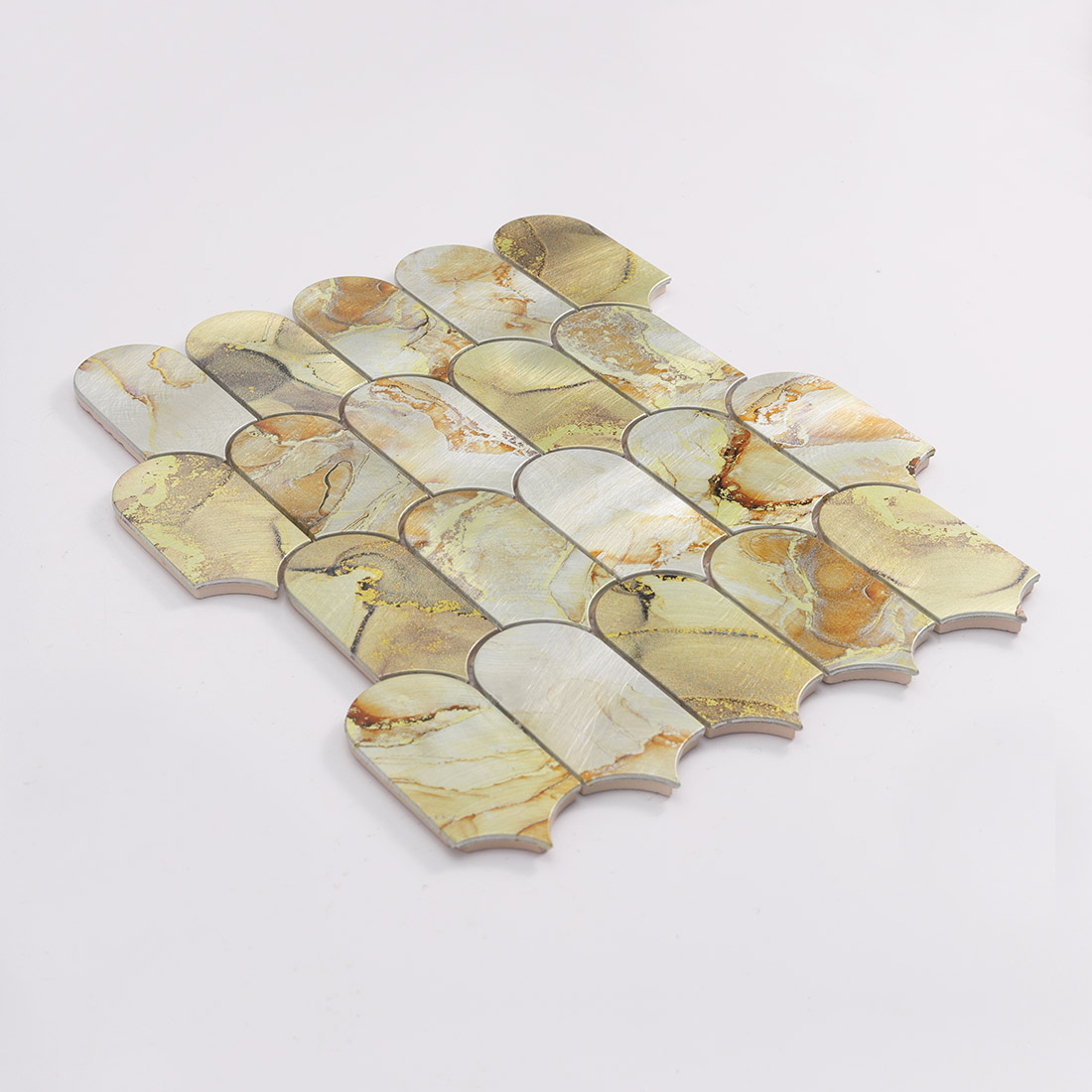 Angled view of cream gold lantern aluminum mosaic tile with marble style pattern