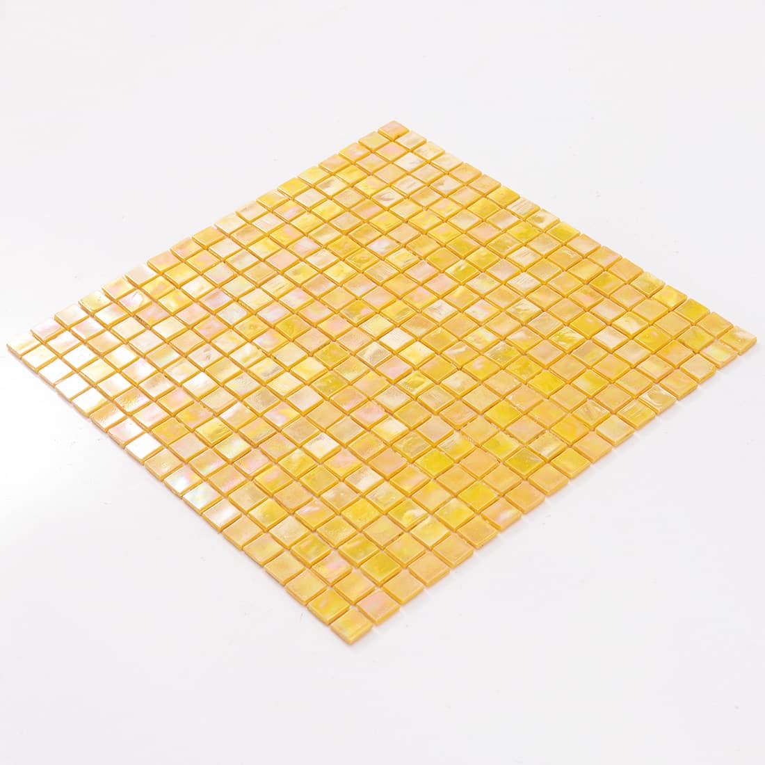 Angled diamond view of iridescent yellow glass mosaic tile sheet on white background
