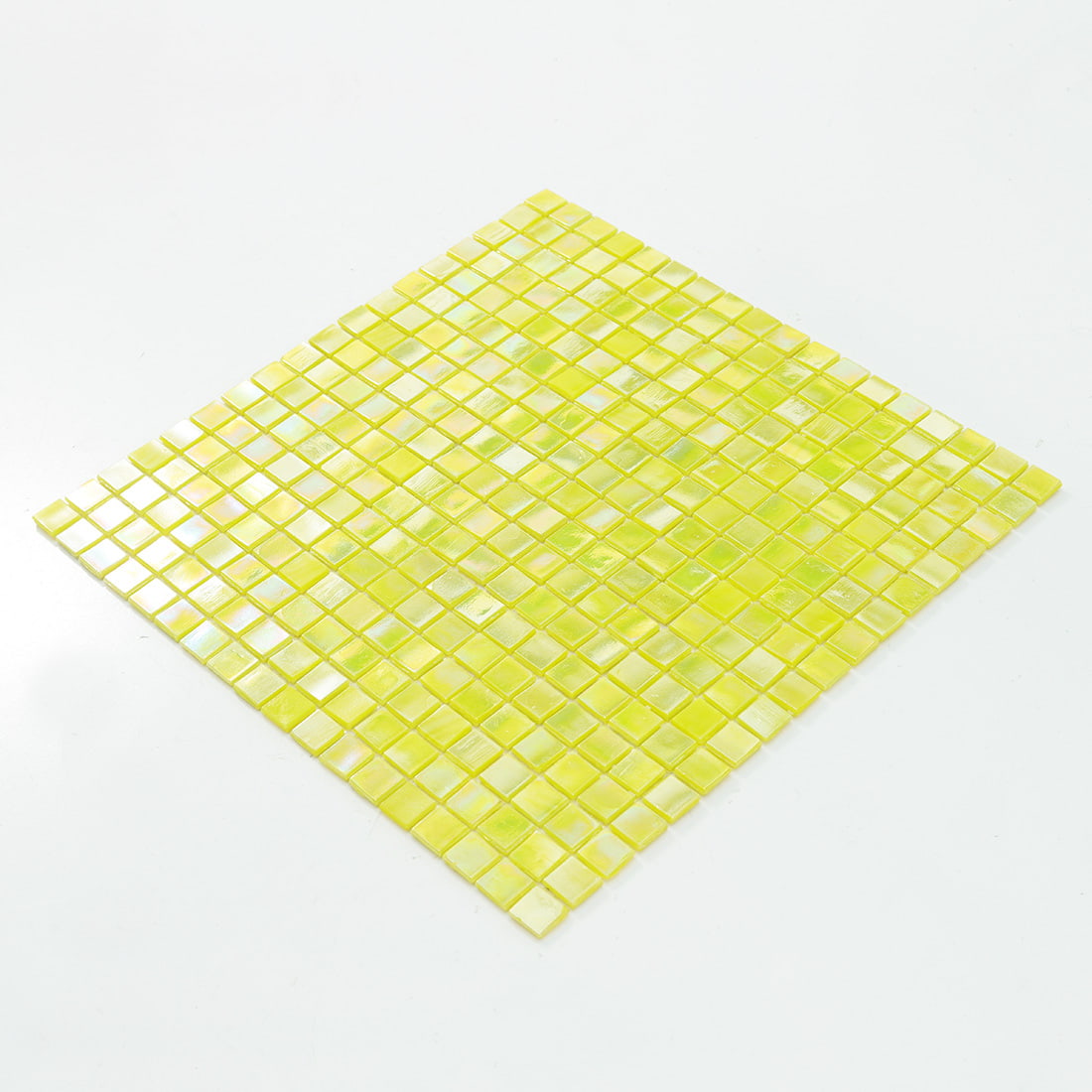 Angled diamond view of pearlescent lime yellow glass mosaic tile sheet 