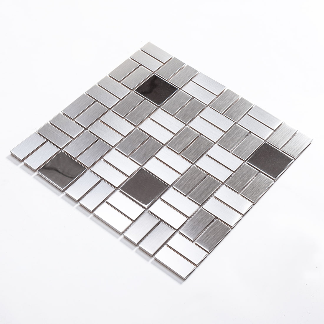 Angled view of a silver metal rectangular mosaic tile sheet on a white background.