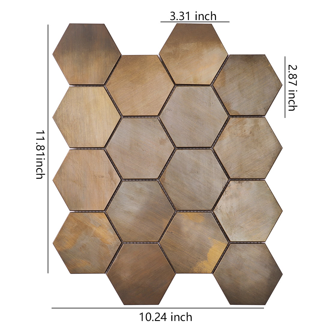 Antique brass hexagon mosaic tile sheet with dimension markings in inches