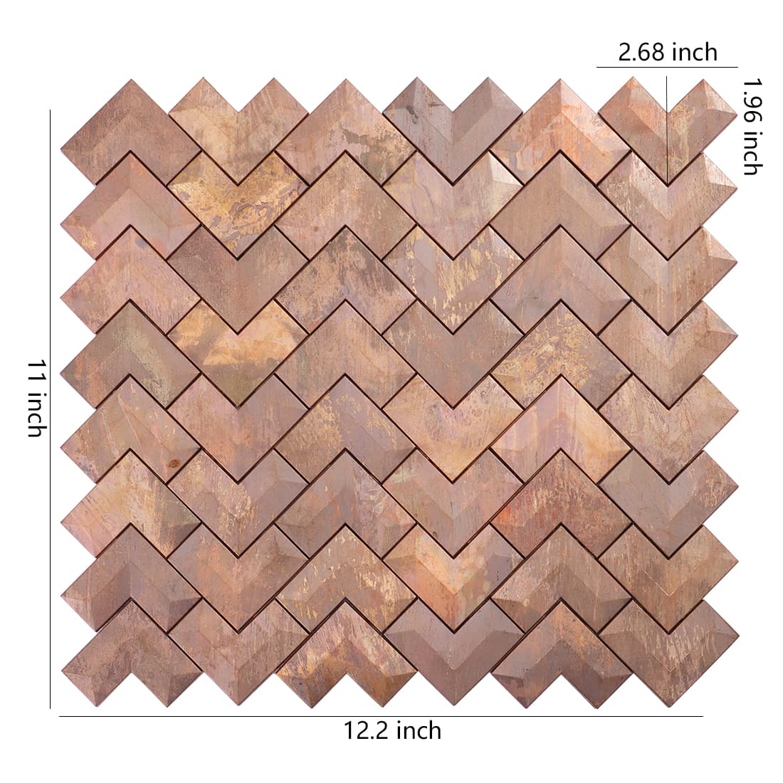 Antiqued copper chevron metal mosaic tile sheet with dimension markings in inches.