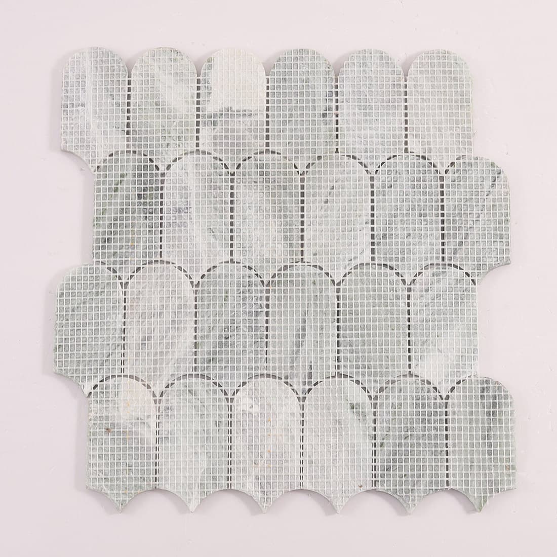 Back view of green marble arch picket mosaic tile sheet with mesh backing