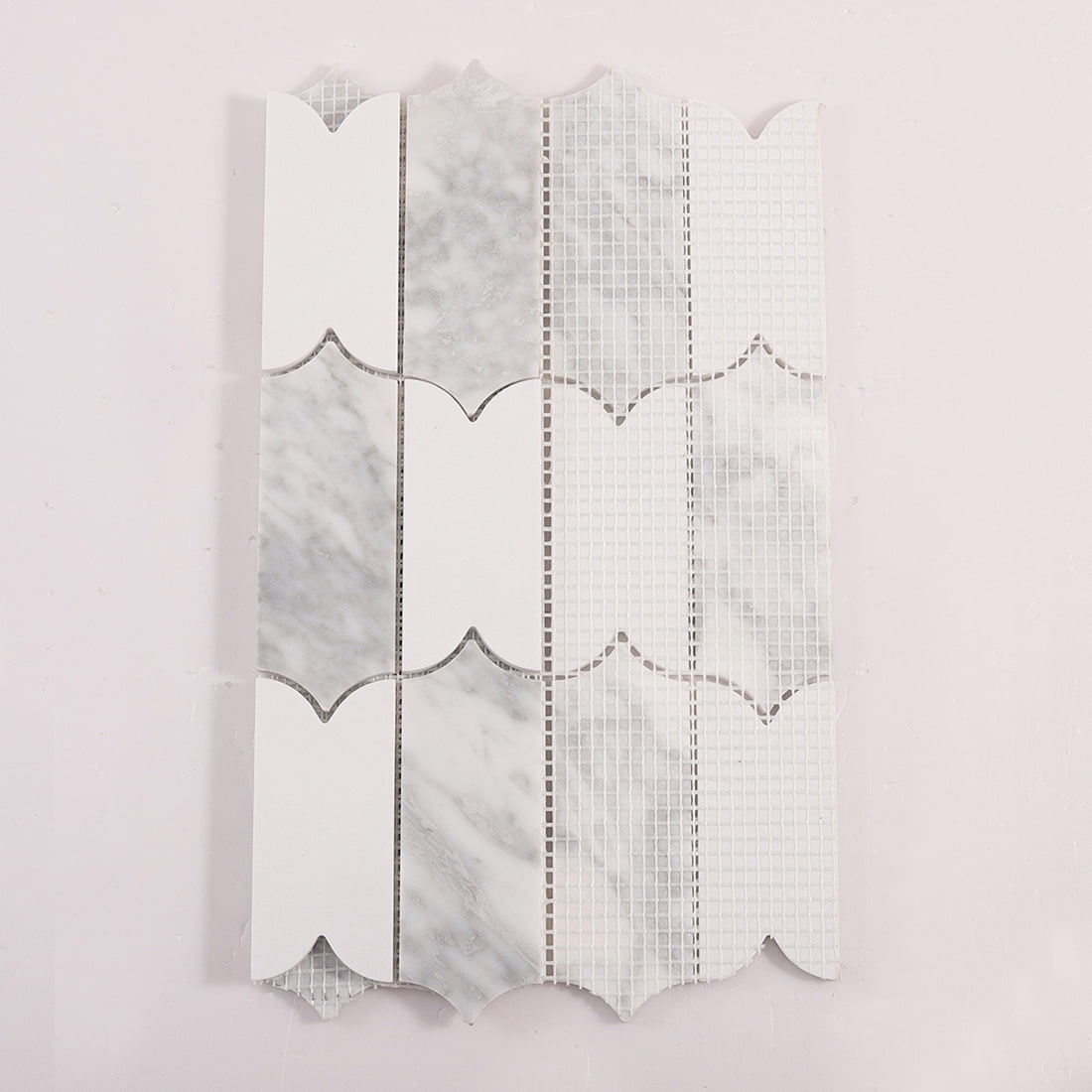 Back view of lantern marble mosaic tile sheet with mesh backing