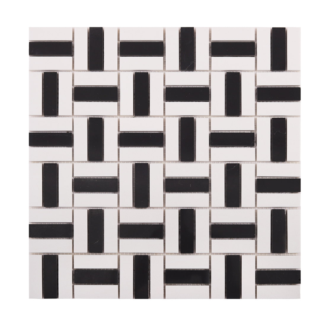 Front view of black and white basket weave mosaic tile sheet