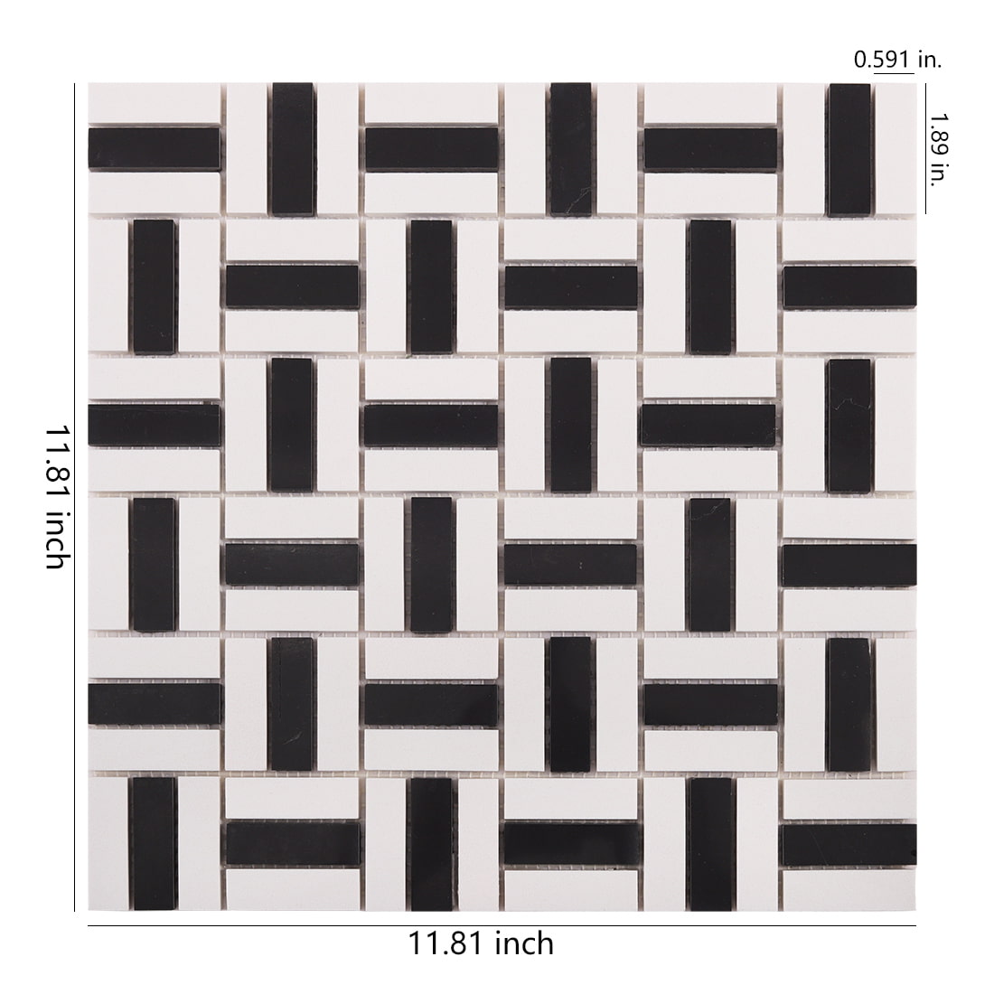 Black and white basket weave mosaic tile sheet with size measurements