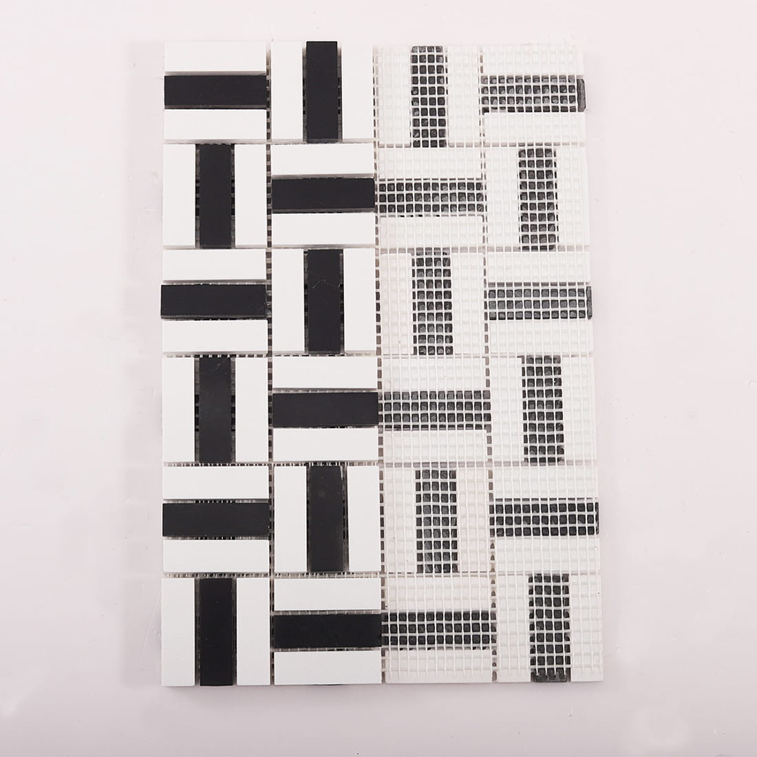 Mosaic tile sheet showing front pattern and mesh backing side by side