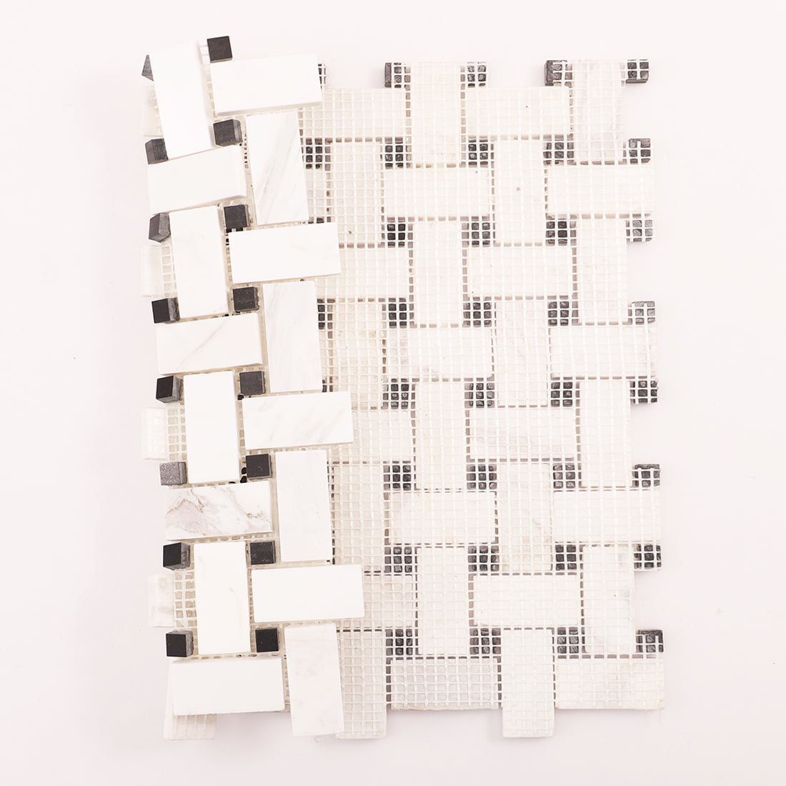 Back view of basket weave marble mosaic tile with fiberglass mesh backing.