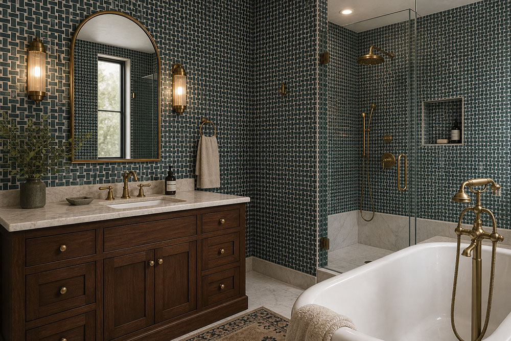 {"default":"Dark green basketweave mosaic bathroom with wood vanity, brass fixtures, and glass shower enclosure"}
