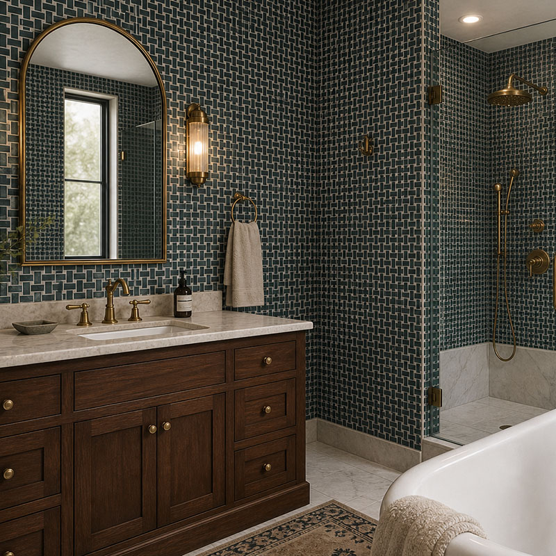 Basketweave mosaic tile bathroom with dual view of vanity and shower, brass accents and freestanding tub