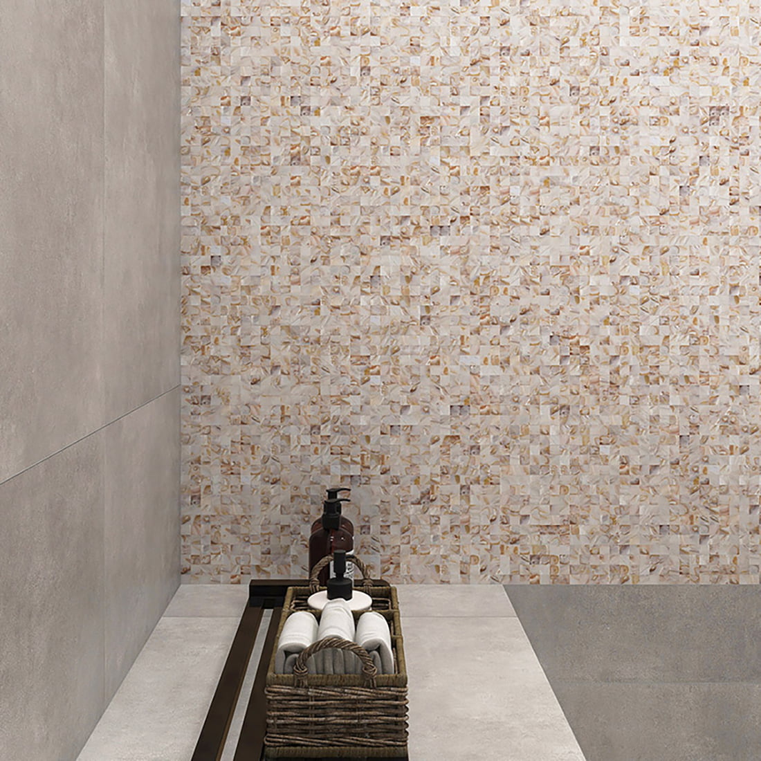 Bathroom wall with beige natural shell mosaic tile and countertop accessories