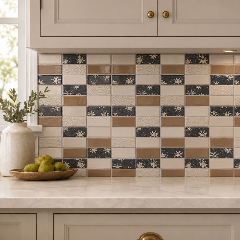 Beige and black glass subway mosaic tile backsplash with wood texture accents