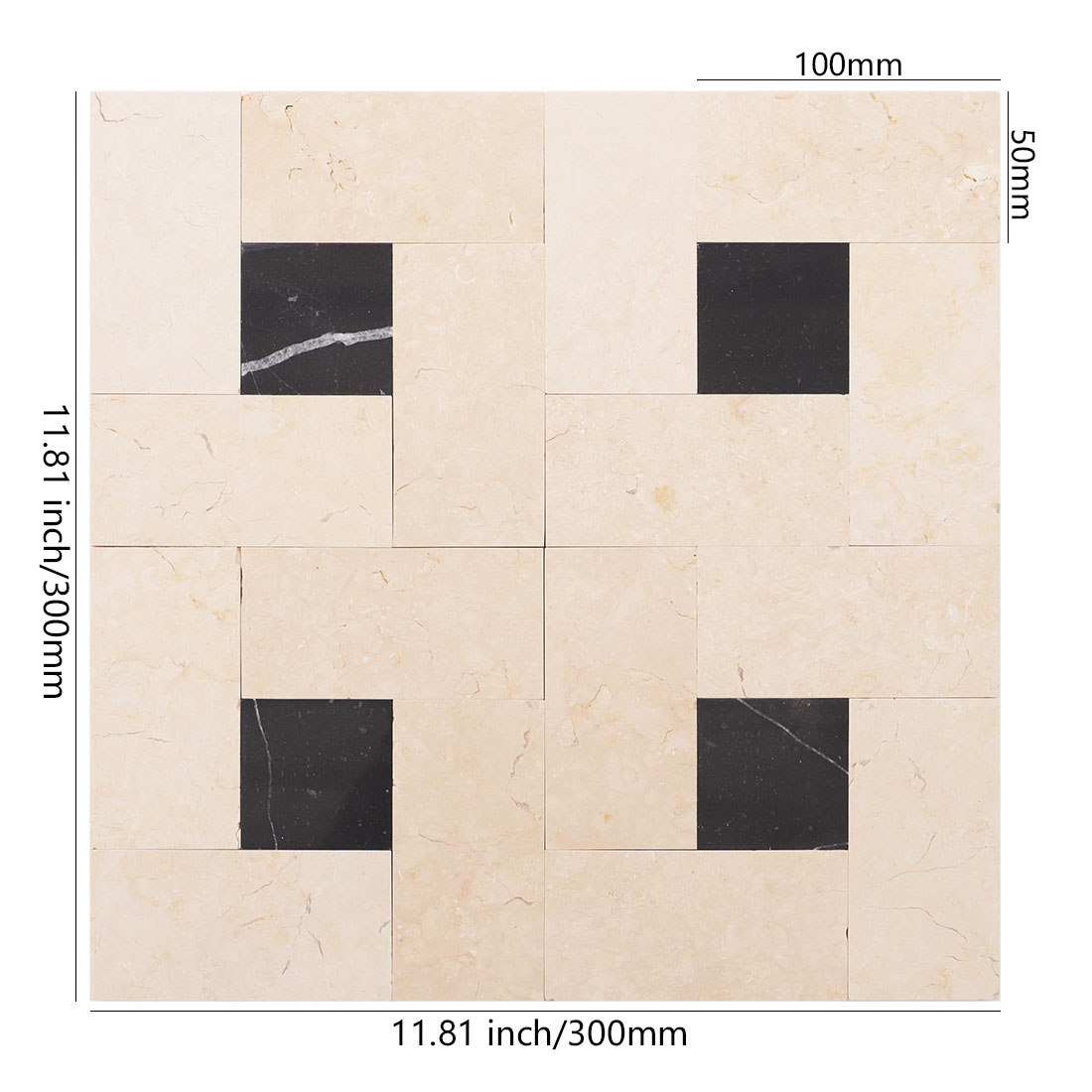 Beige black marble mosaic tile sheet with 11.81 x 11.81 inch dimensions