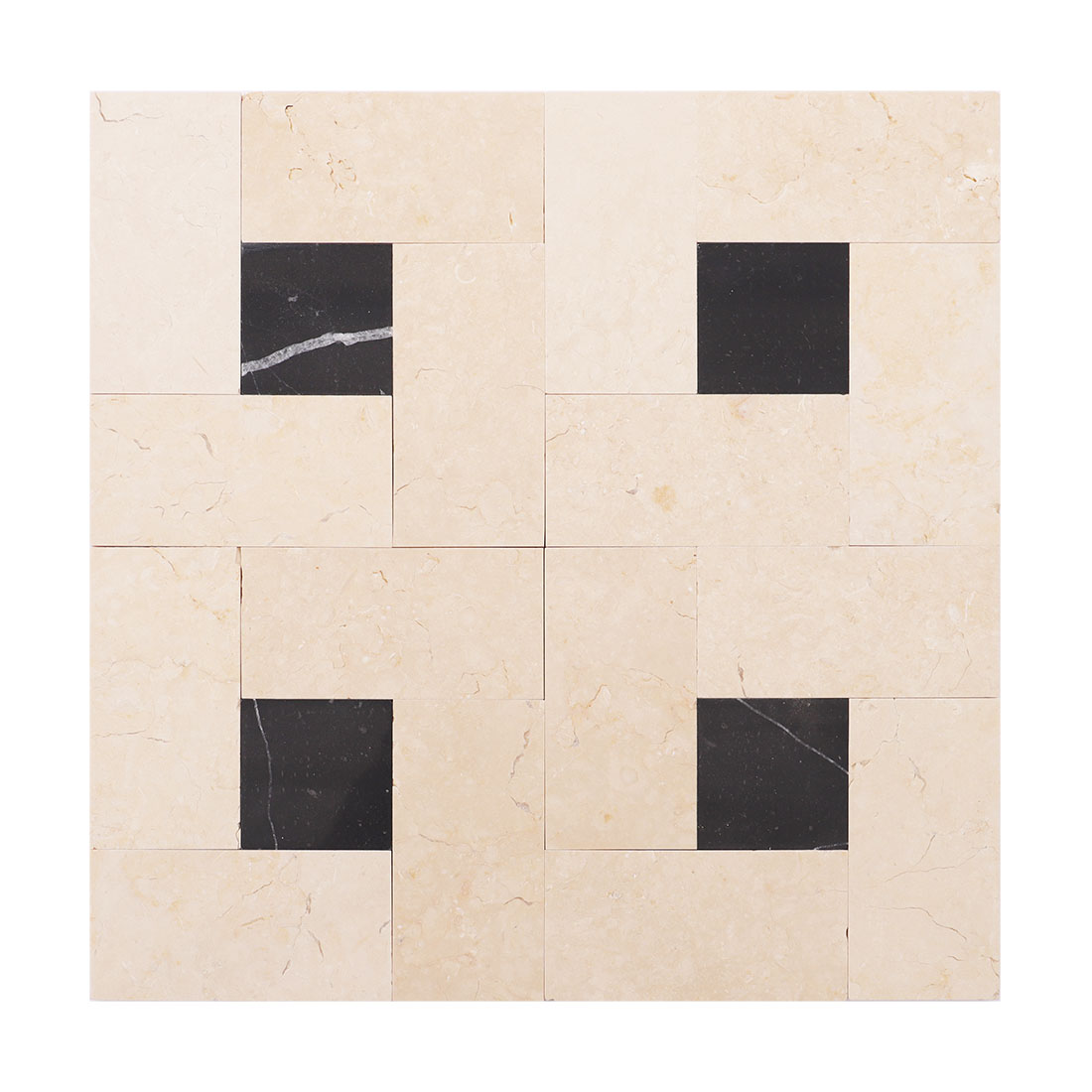 Beige black marble mosaic tile sheet with a classic geometric square pattern