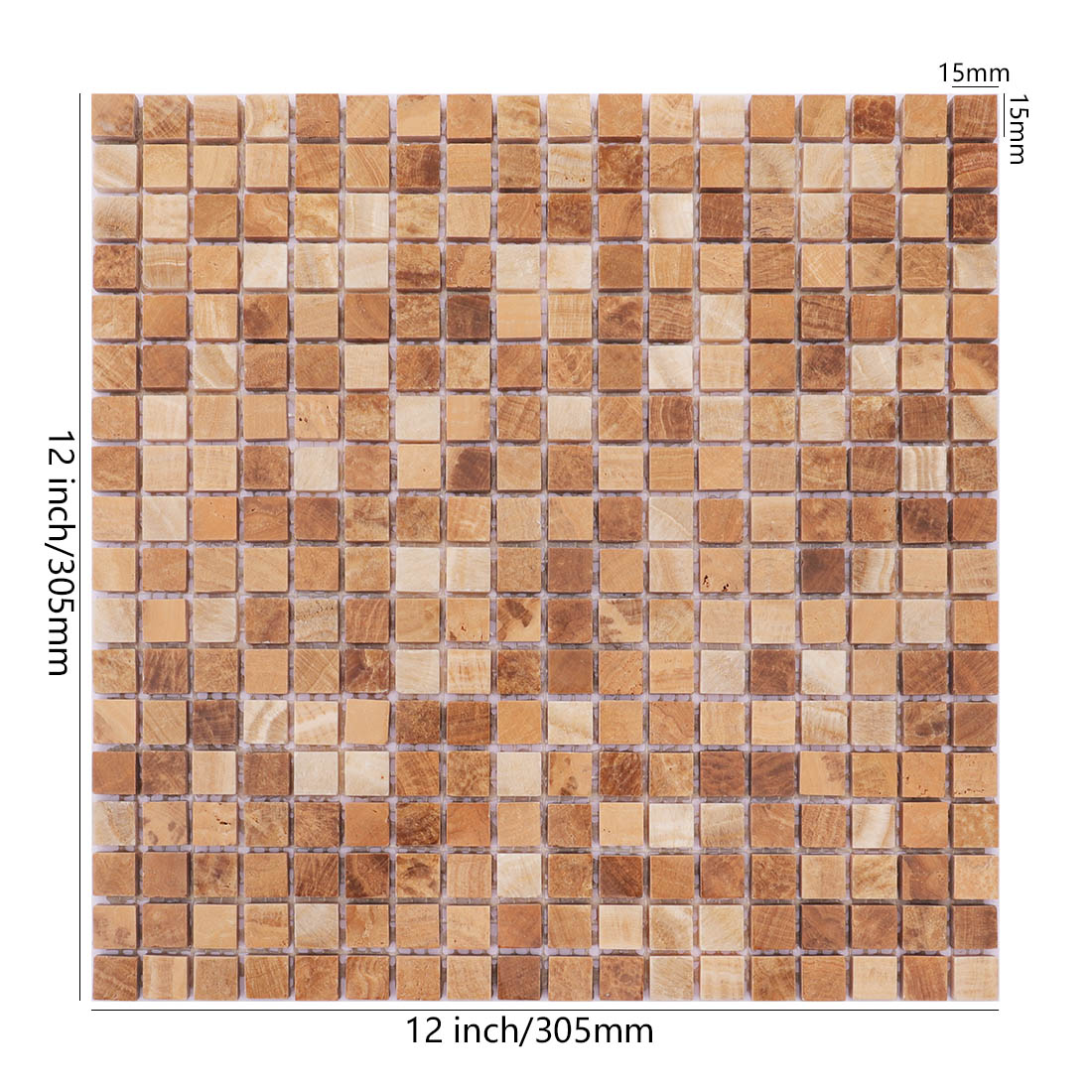 Beige brown square marble mosaic tile sheet with 15 x 15 mm natural stone pieces