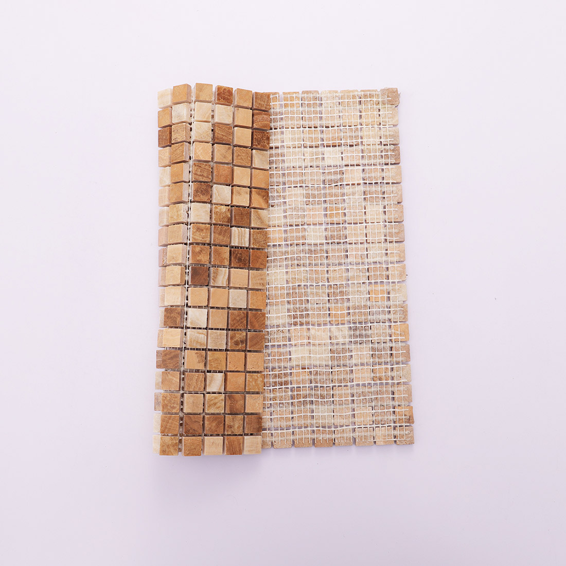 Back view of beige brown square marble mosaic tile sheet with mesh backing