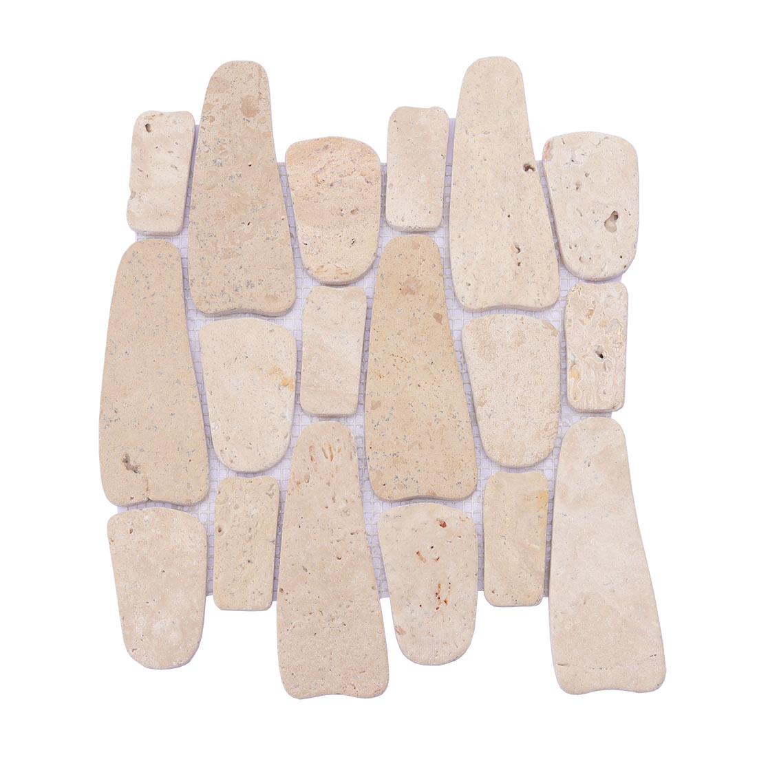 Full sheet of beige pebble stone mosaic tiles in mixed freeform shapes
