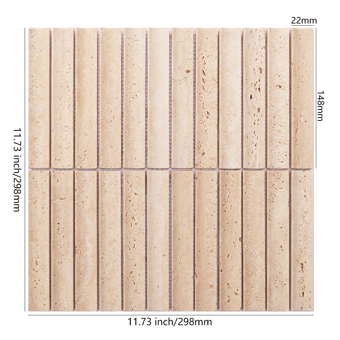 Beige grooved travertine mosaic tile sheet with 22 x 148 mm linear pieces