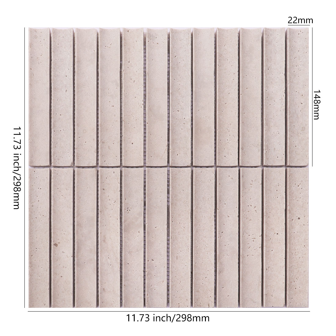 Light gray grooved travertine mosaic tile sheet with 22 x 148 mm linear pieces
