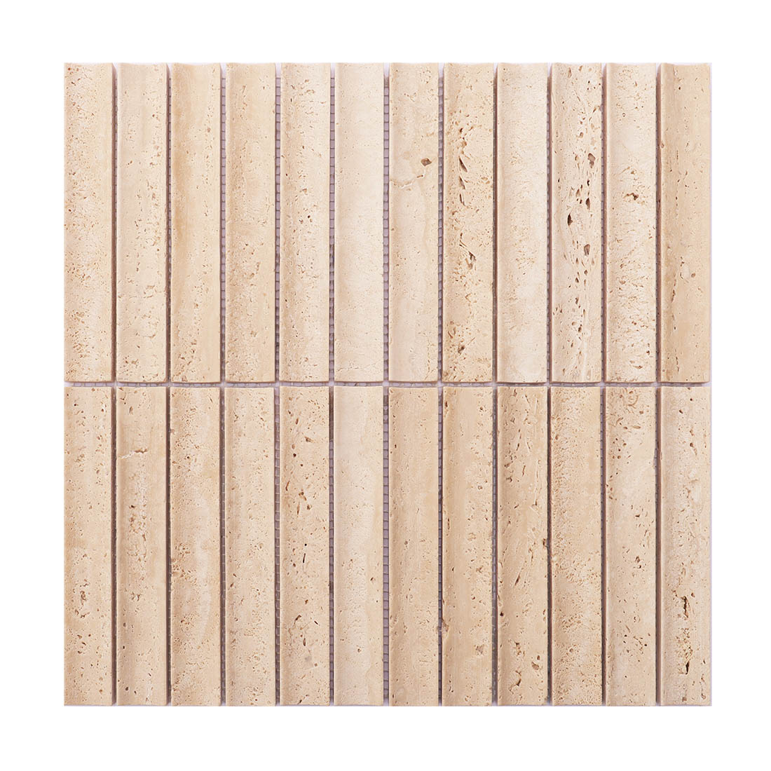Beige grooved travertine mosaic tile sheet in a vertical linear pattern