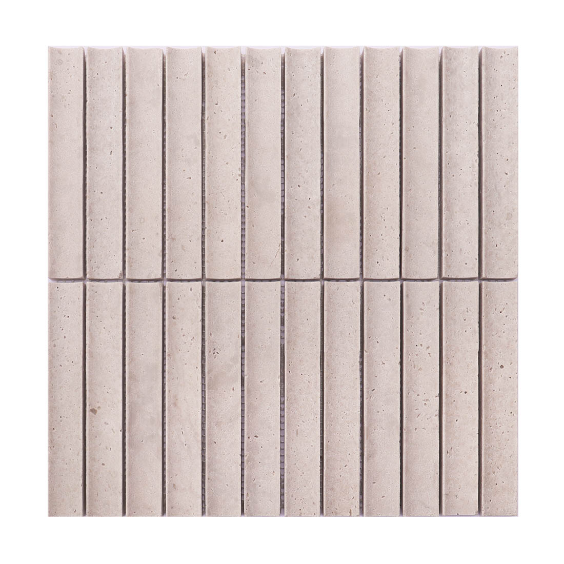 Light gray grooved travertine mosaic tile sheet in a vertical linear pattern