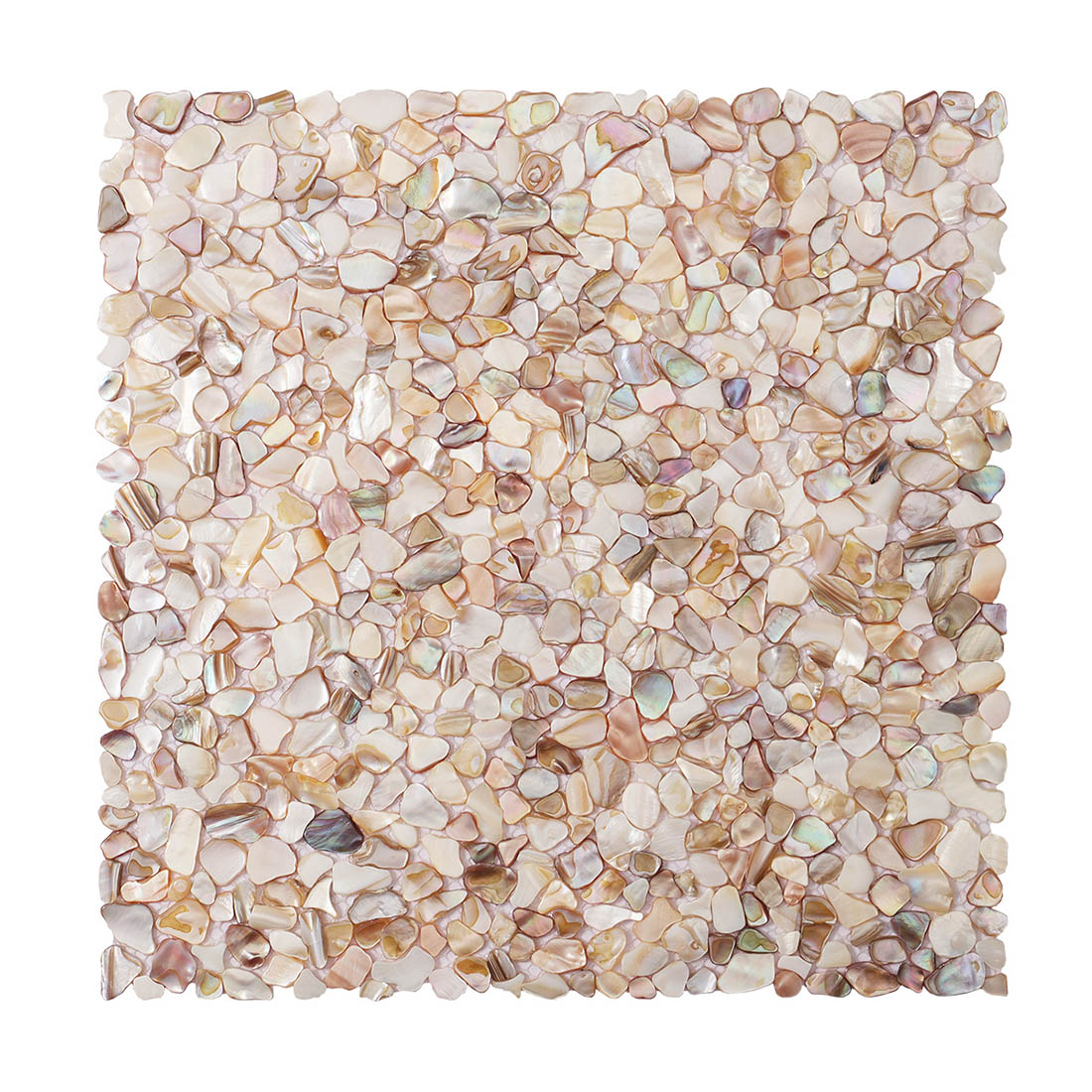 Front view of beige iridescent mother of pearl pebble mosaic tile sheet