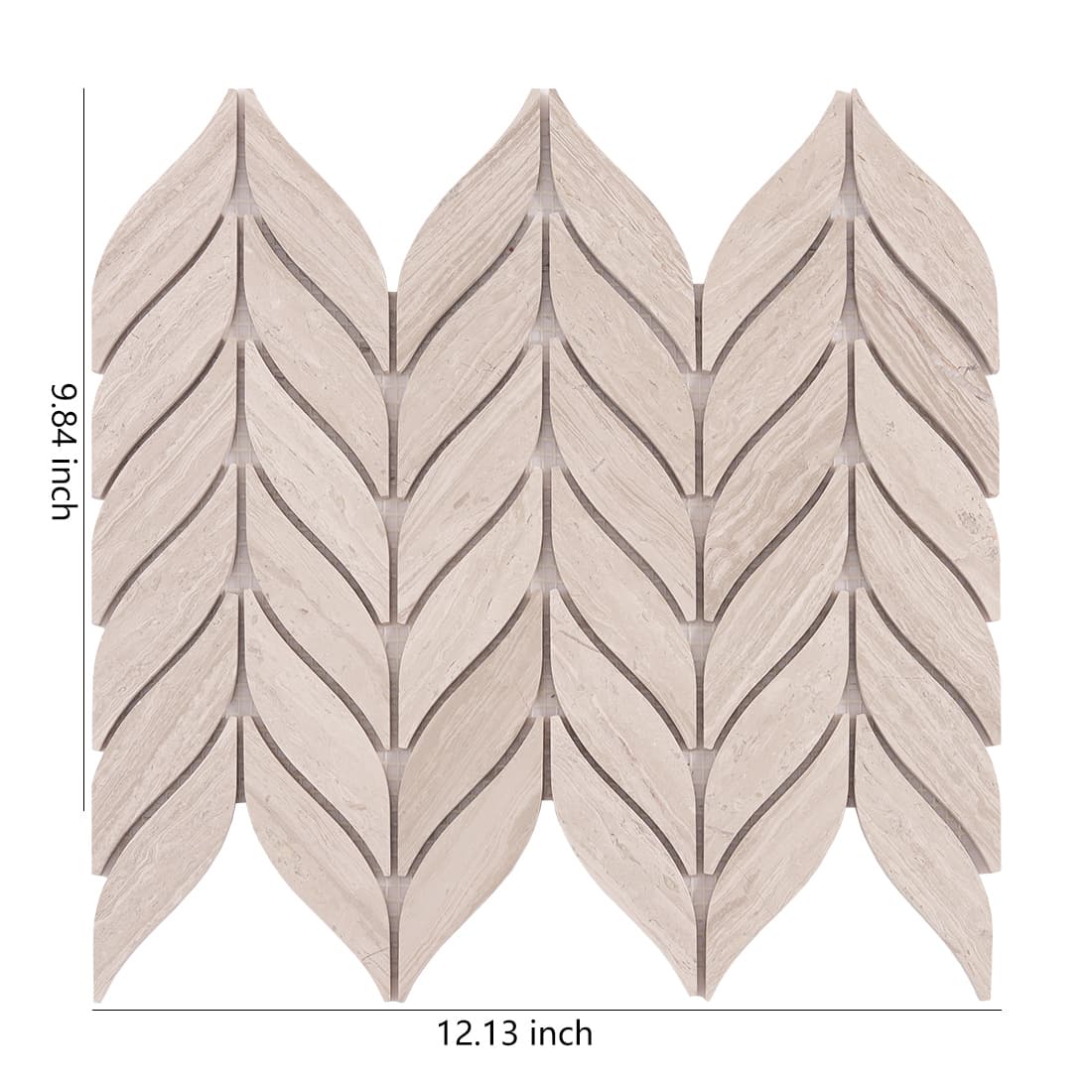 Beige marble leaf mosaic sheet with 12.13 x 9.84 inch size shown