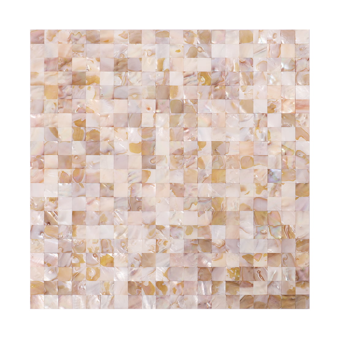 Front view of beige mother of pearl square mosaic tile sheet on white background