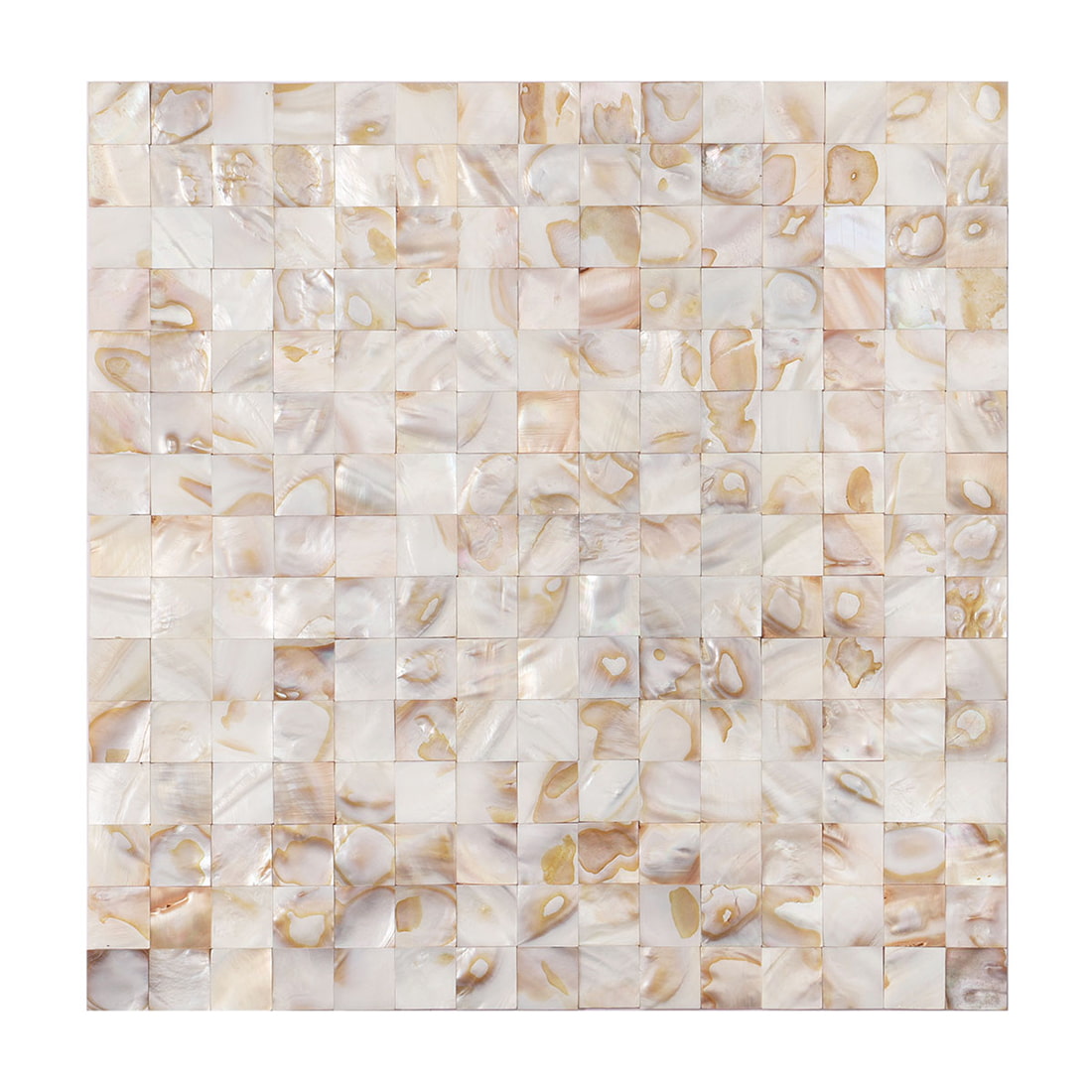 Beige natural shell square mosaic tile sheet, front view