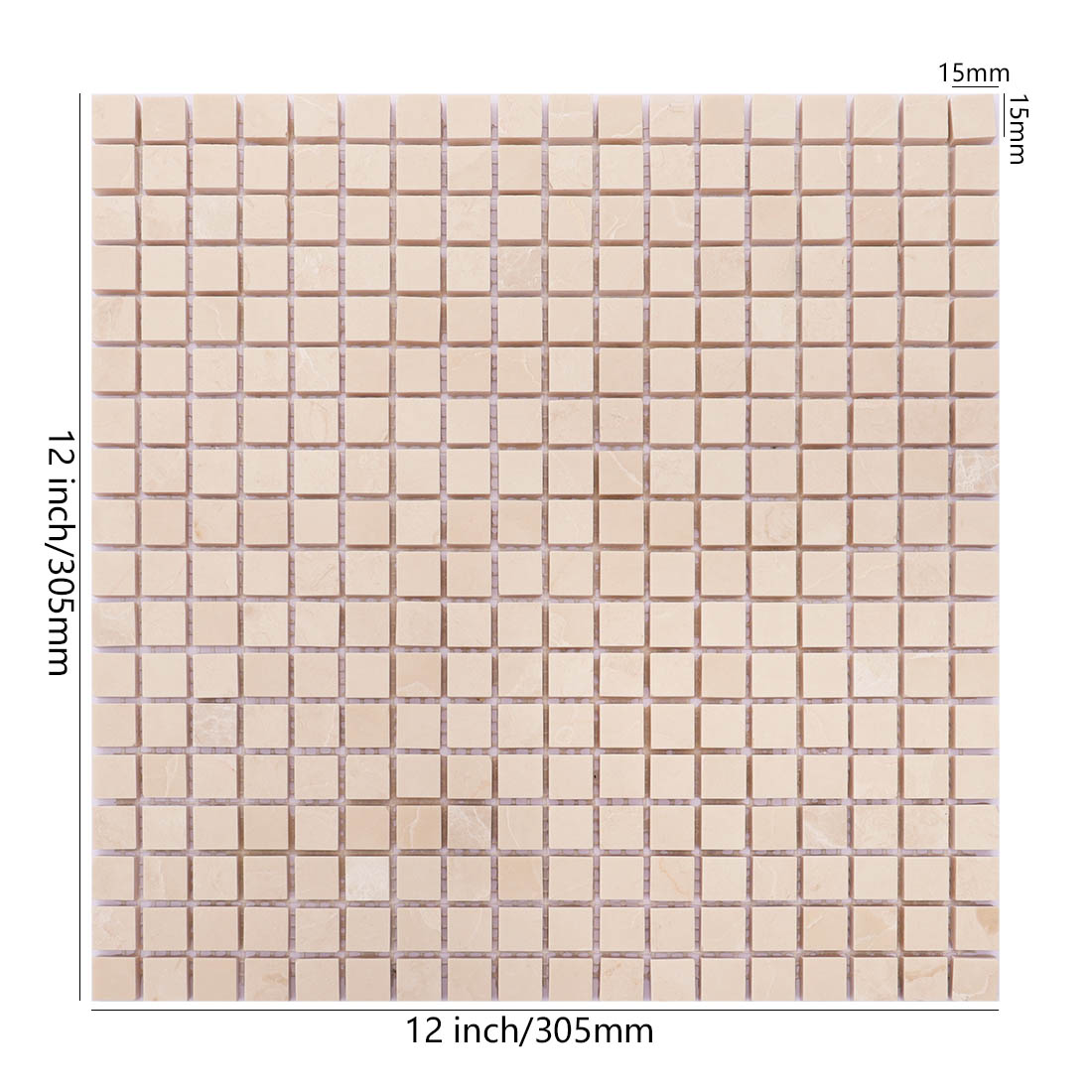 Beige square marble mosaic tile sheet with 15 x 15 mm natural stone pieces