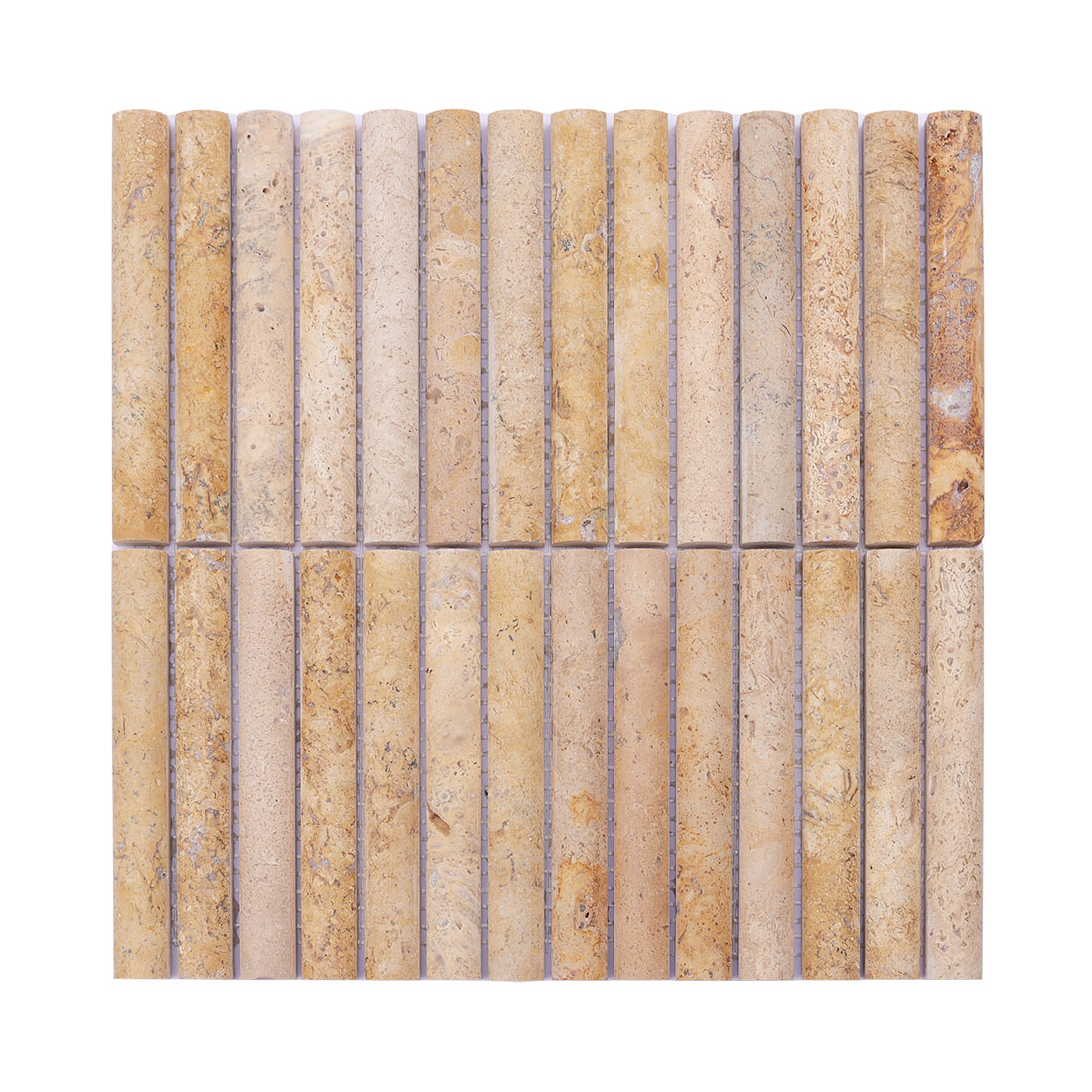 Full sheet of beige travertine mosaic with vertical half-round strips