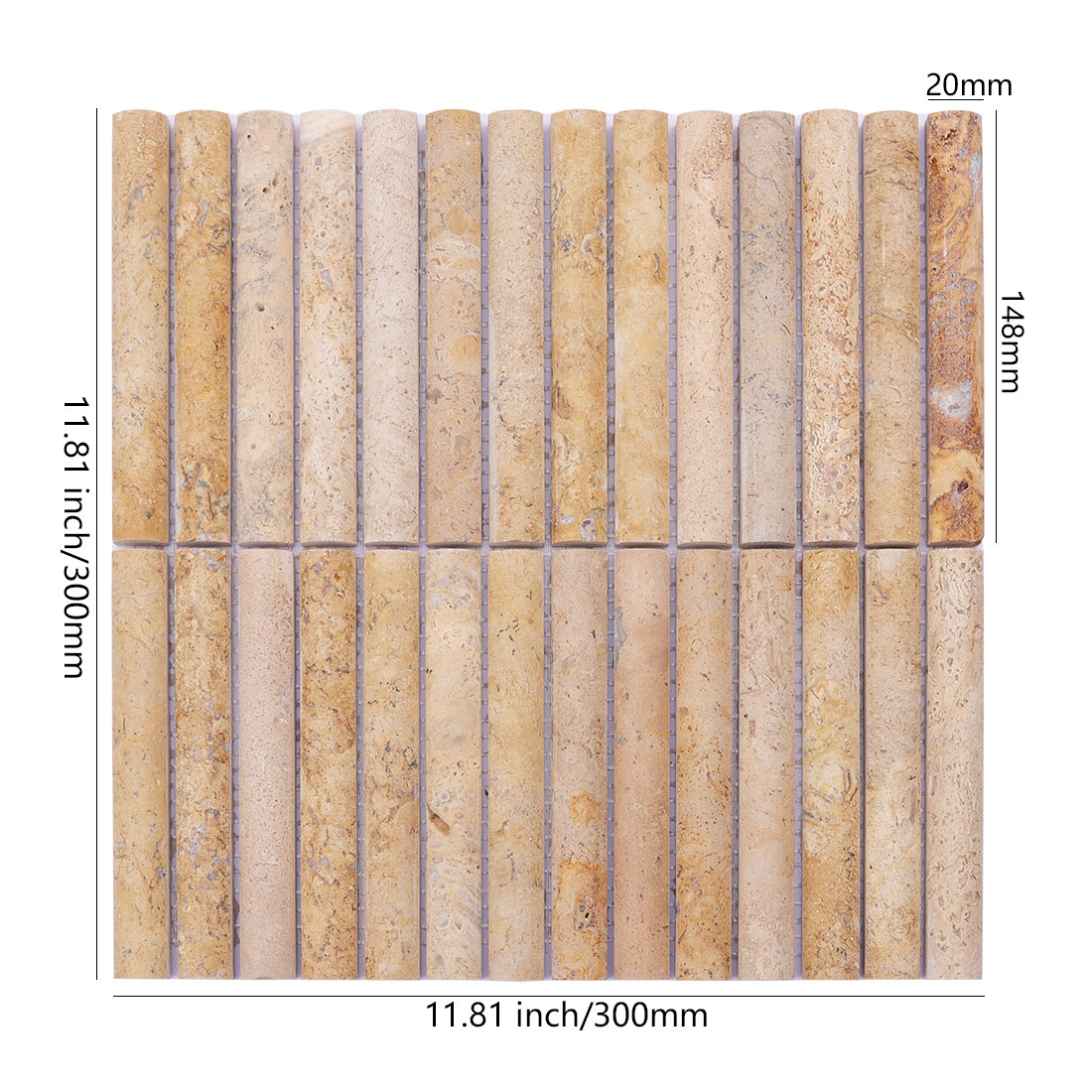 Beige travertine strips with 20 x 148 mm chips and a 300 mm mosaic sheet