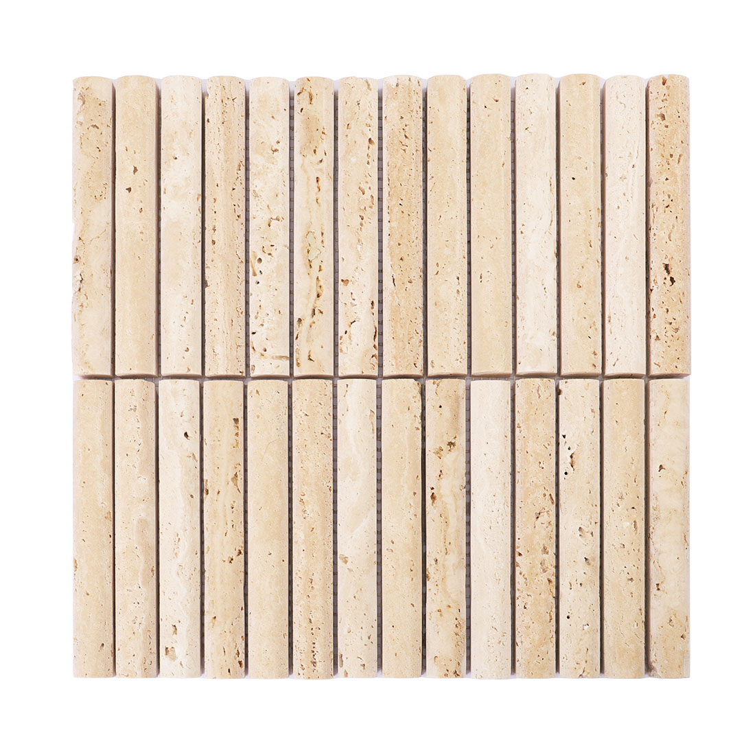 Beige travertine vertical strip mosaic sheet with warm tones and natural pores