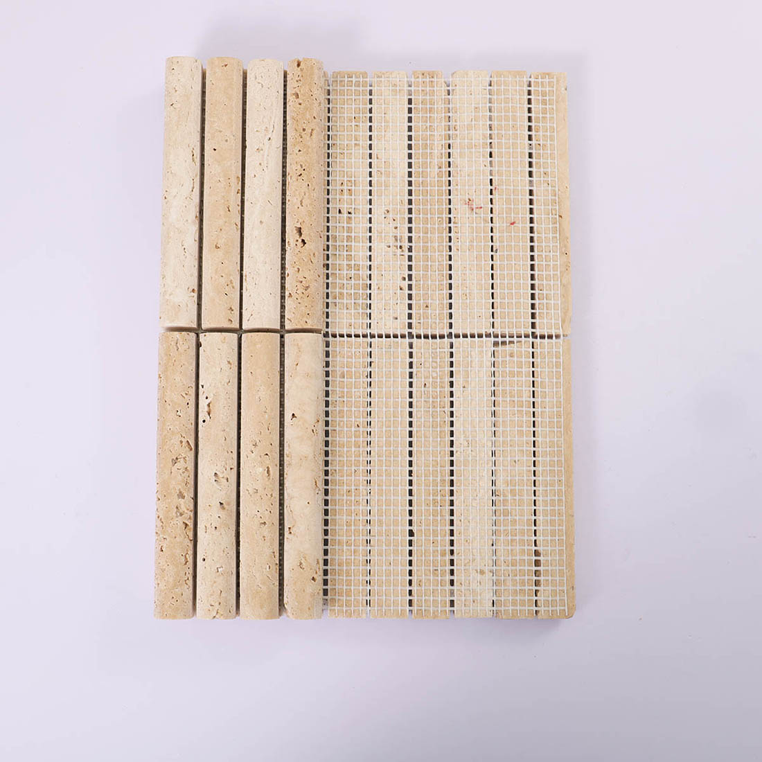 Front and mesh backing view of beige travertine vertical strip mosaic