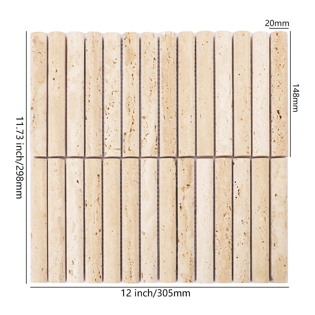 Beige travertine strip mosaic with 20 x 148 mm chips and sheet dimensions