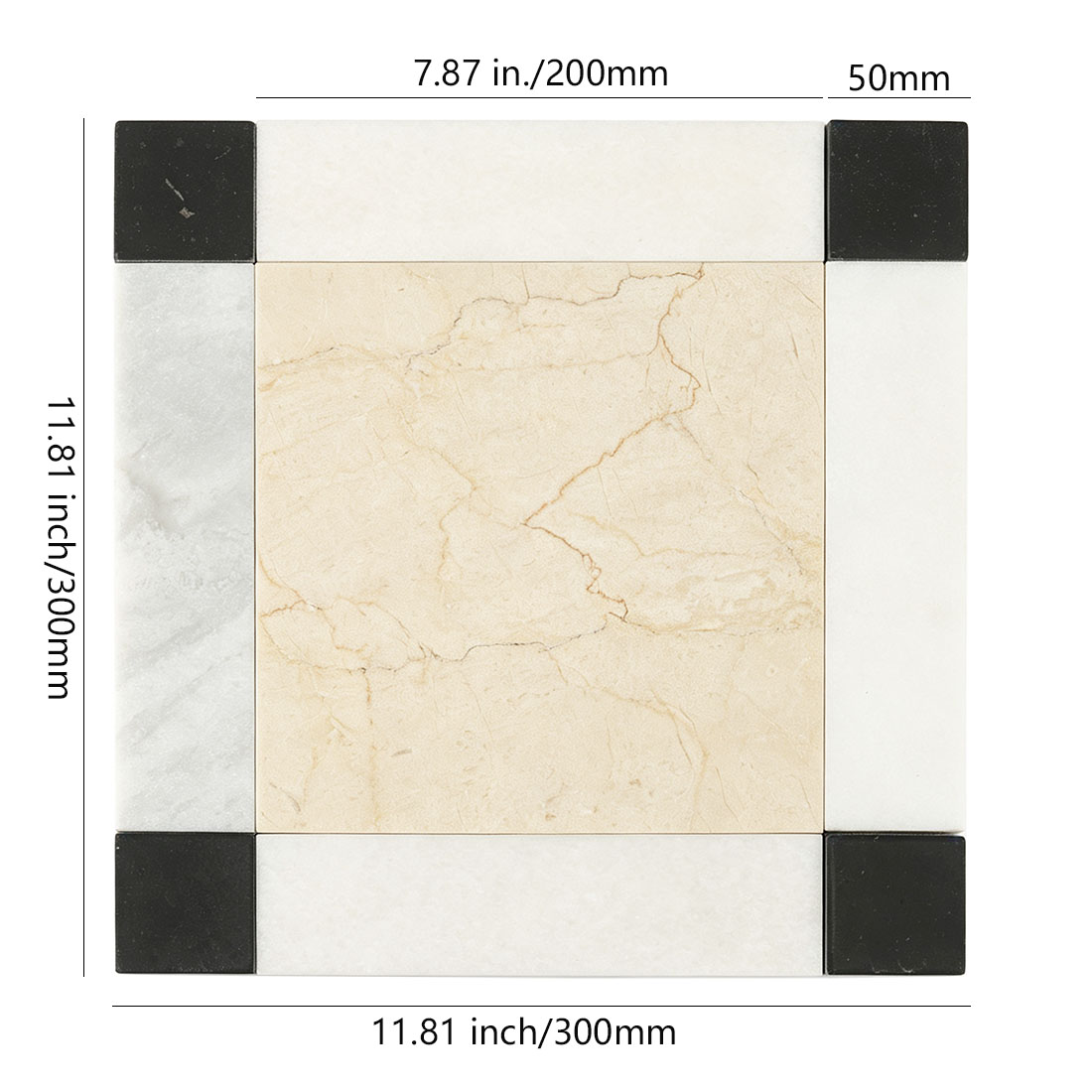 300mm beige marble tile with white border and black corner accents dimensions