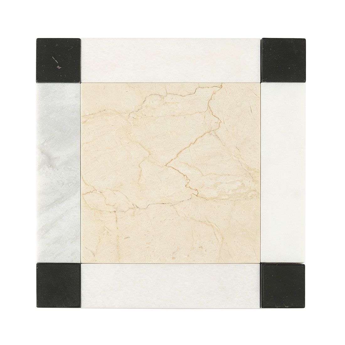 Beige marble tile with white marble border and black square corner accents