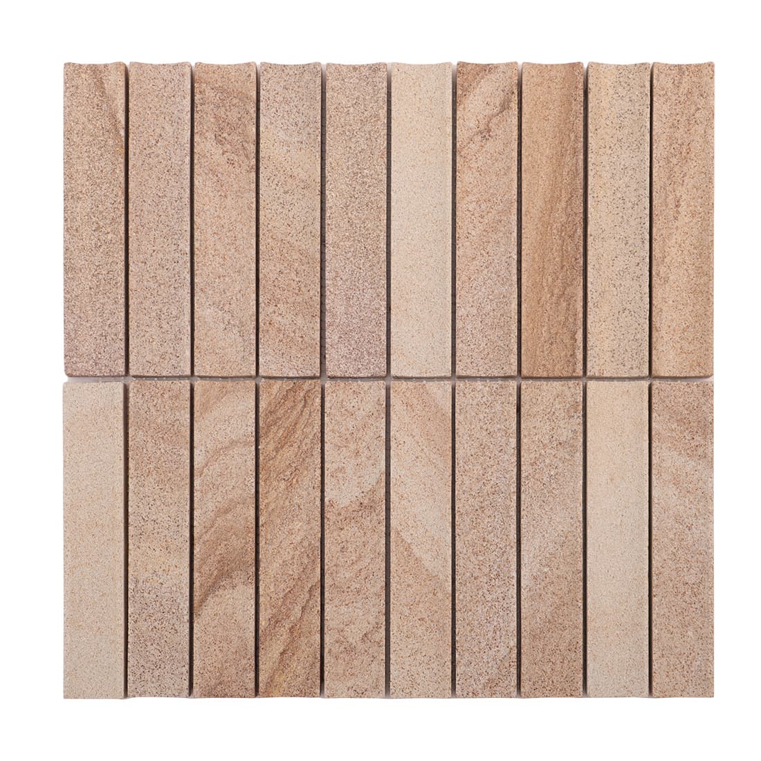 Front view of beige stone linear mosaic sheet on white background