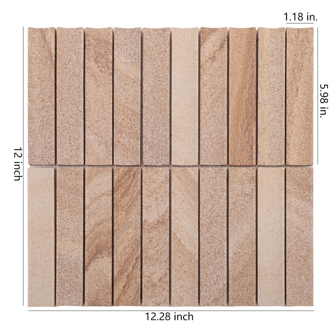 Beige stone linear mosaic sheet with size measurements on white background
