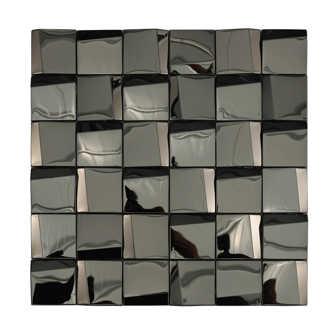 Front view of a black 3D square mosaic stainless steel wall tile sheet.