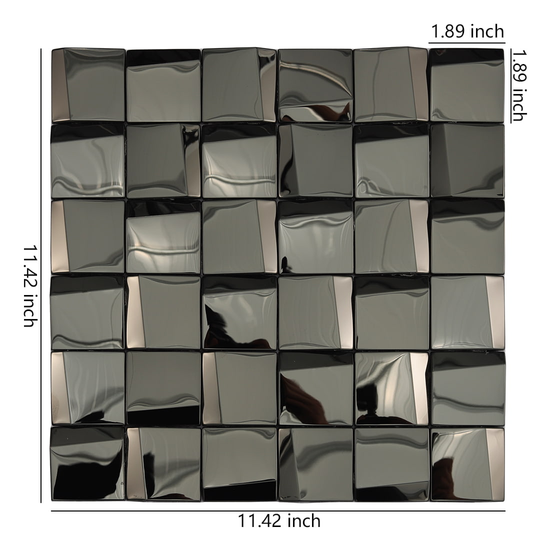 Black 3D stainless steel mosaic sheet with 11.42 inch dimensions and chip size.