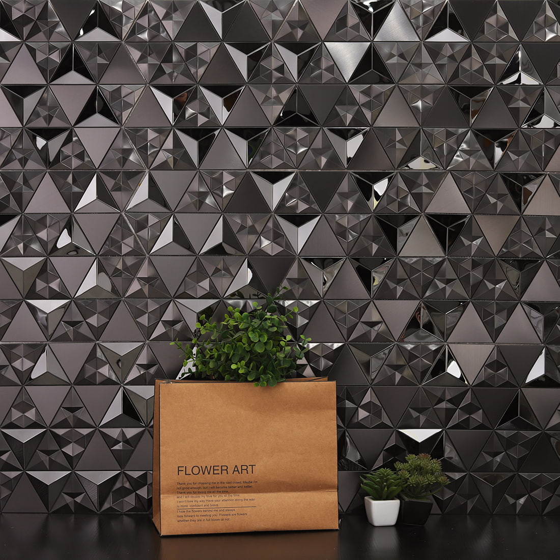 Black 3D triangle stainless steel feature wall with mixed brushed and glossy finish