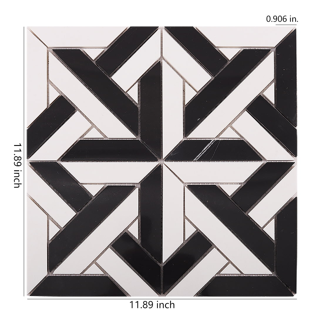 Black and white geometric mosaic sheet with 11.89 inch size and thickness reference