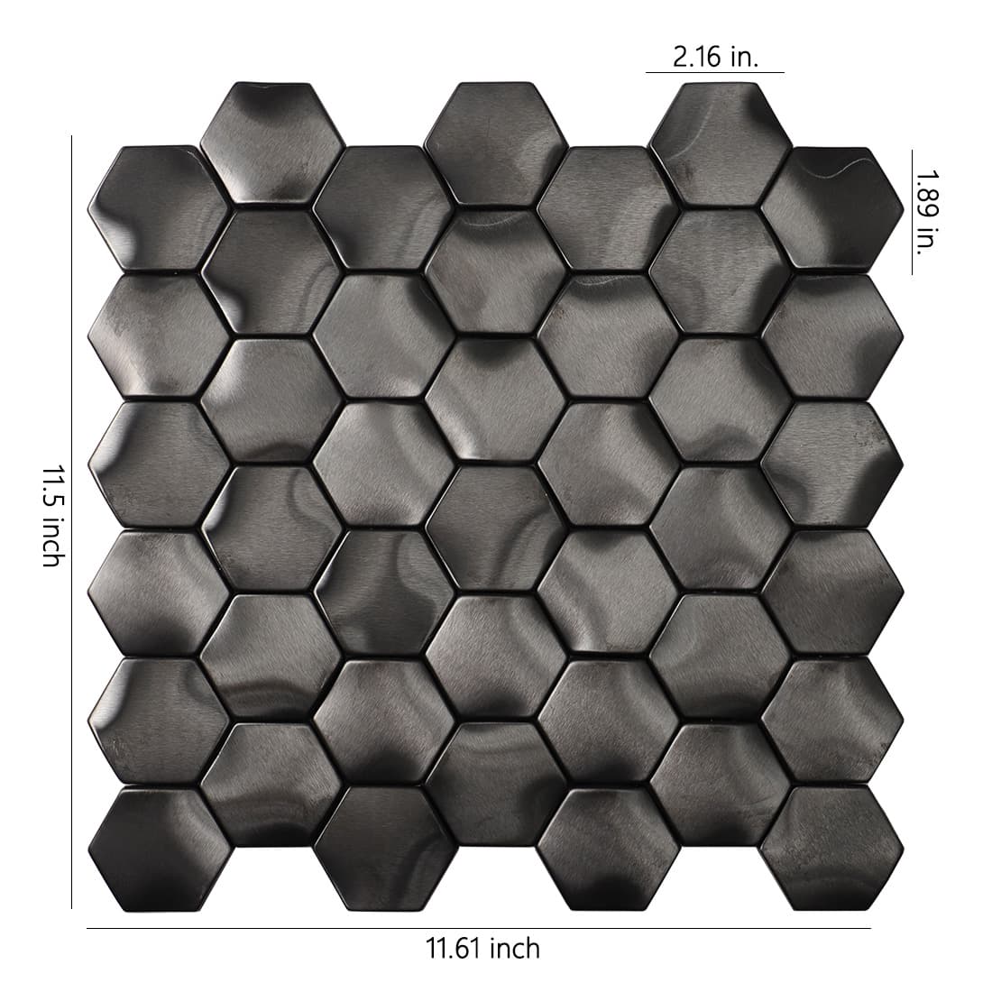 Black brushed hexagon metal mosaic tile sheet with dimension markings in inches.