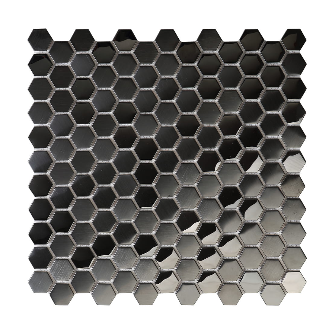Full mesh mounted sheet of black stainless steel hexagon tiles with a brushed finish.