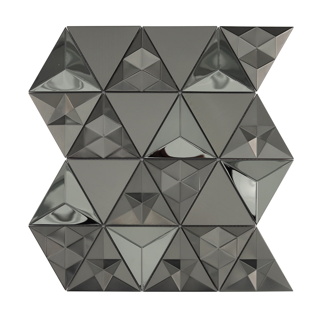 Black triangle metal mosaic tile with mixed brushed and glossy 3D surfaces