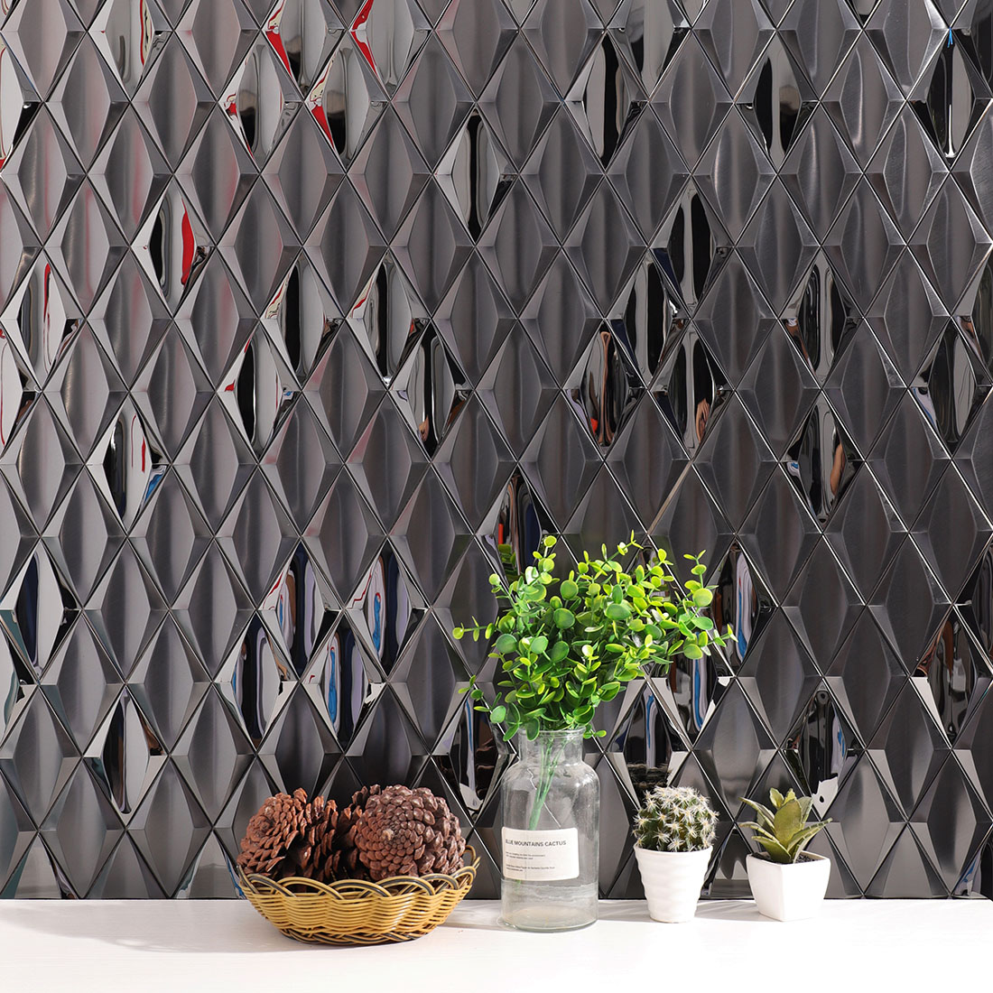 Black diamond metal mosaic tile feature wall in a modern interior